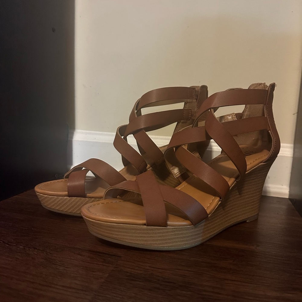 Brown Strappy Wedge Sandals